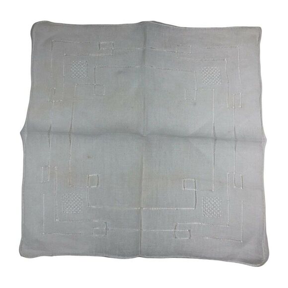 Vintage White Handkerchief Hanky With Geometric Stitching Dresser Scarf Pocket - Picture 2 of 5